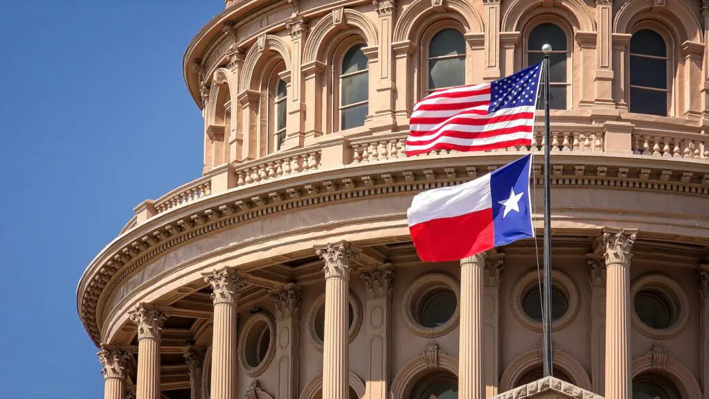 A texas flag and an american flag flying in front of the capitol building.