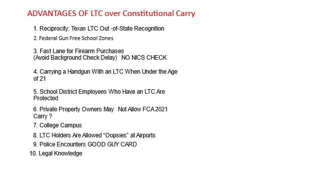 A list of the different types of ltc over constitutional carry.